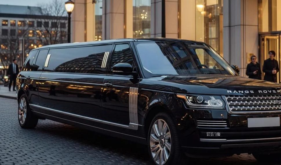 Luxury Range Rover limousine in an upscale urban environment, emphasizing sophistication and elegance
