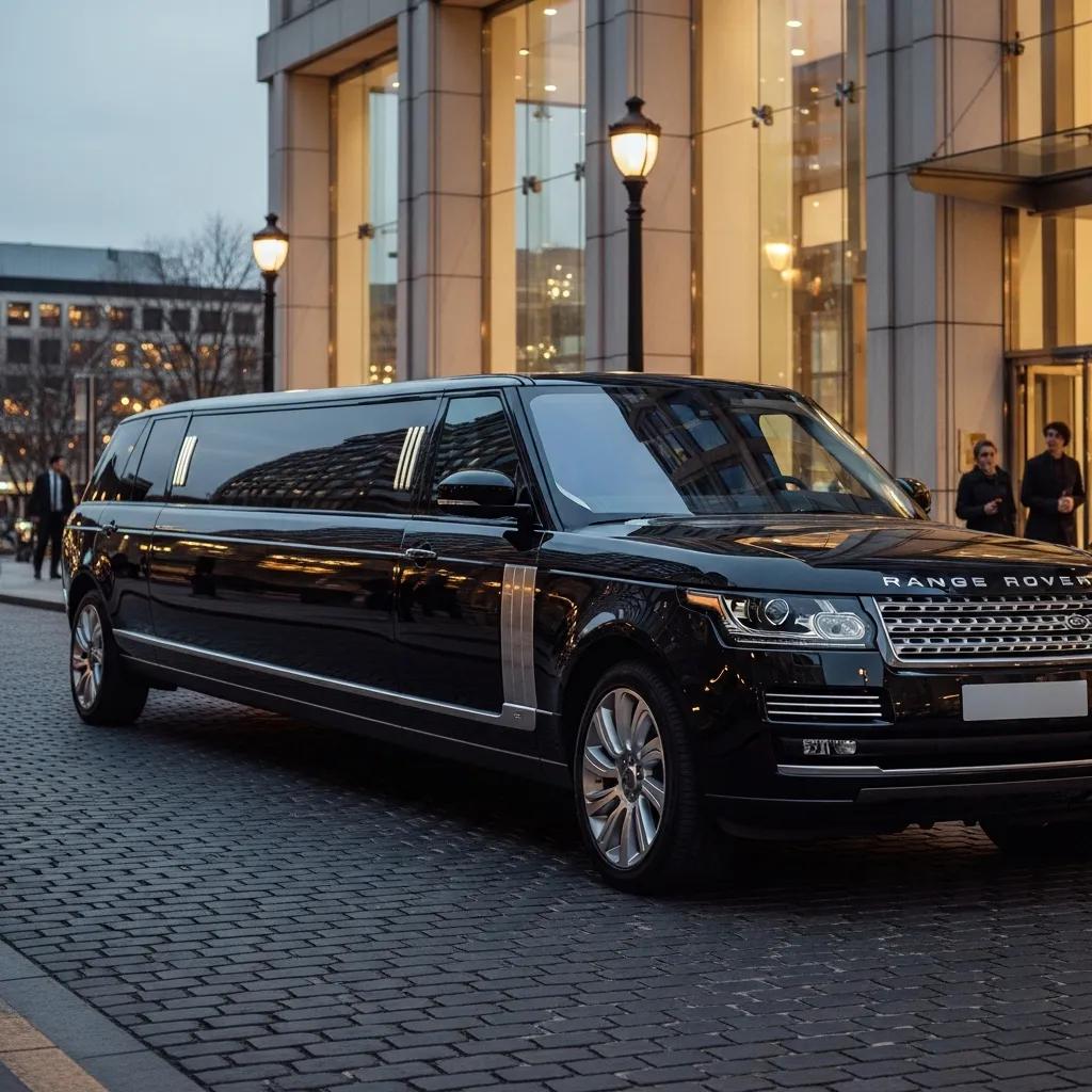 Luxury Range Rover limousine in an upscale urban environment, emphasizing sophistication and elegance