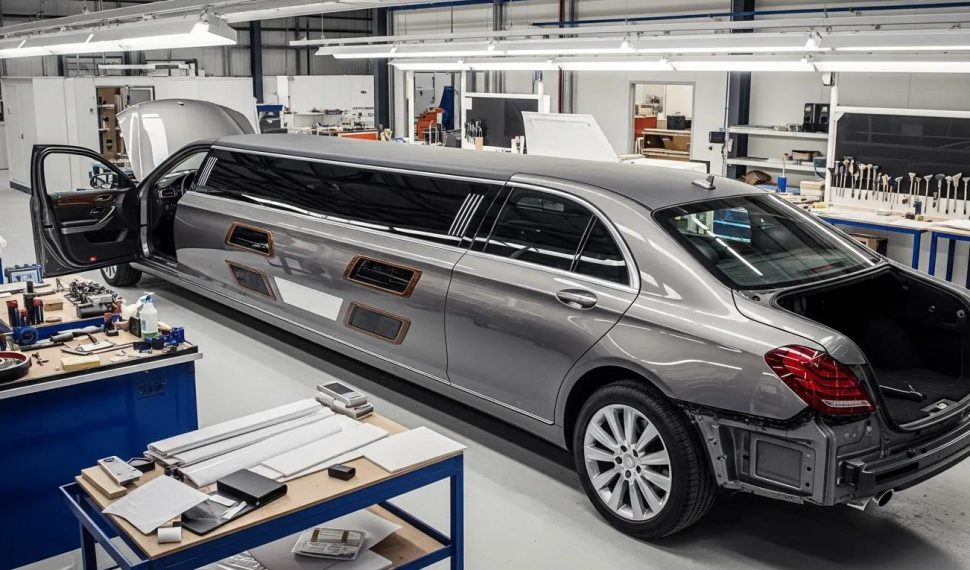 Luxury sedan limousine in a manufacturing facility showcasing engineering and customization