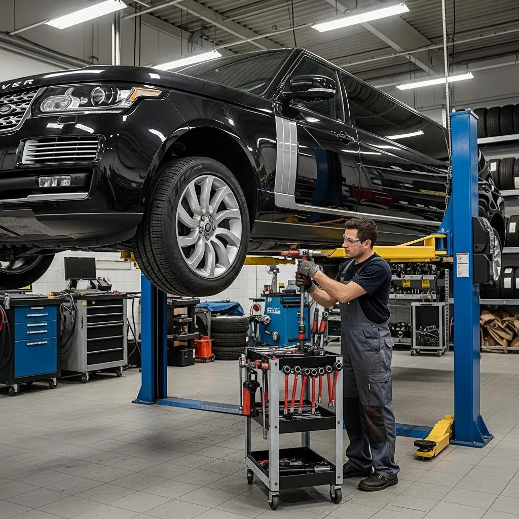 Technician maintaining a Range Rover limousine, showcasing expert craftsmanship and reliability in service
