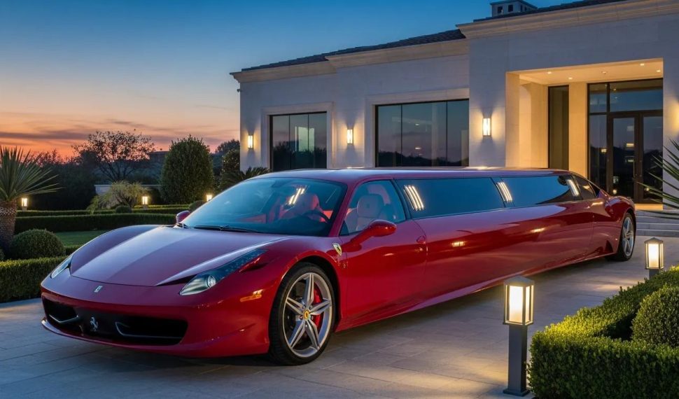 Ferrari stretch limousine showcasing luxury and performance in a sophisticated setting