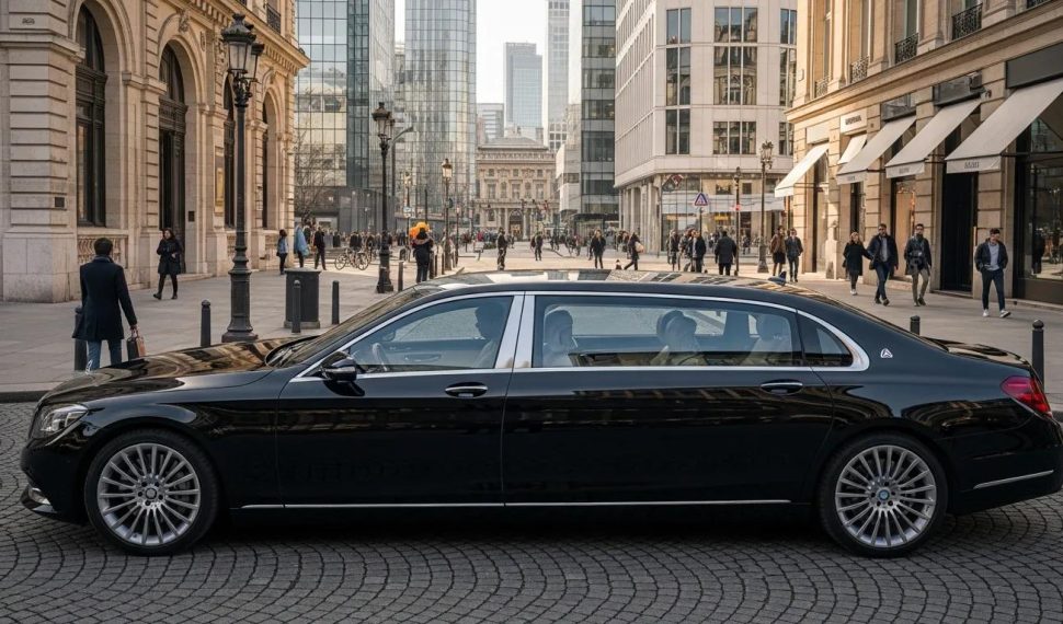 Luxurious long wheelbase sedan in an upscale urban setting, highlighting elegance and comfort