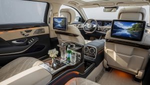 Luxurious Mercedes-Benz S-Class limousine interior with premium leather and advanced features