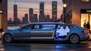 Luxury Tesla limo parked in an upscale urban environment, highlighting electric vehicle innovation